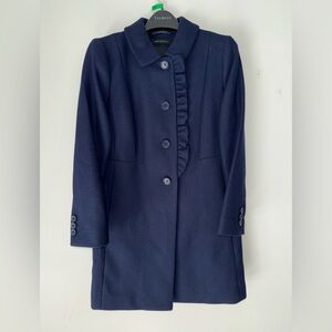 Talbots Navy Blue Woven Wool Coat with ruffles size 8 PETITE